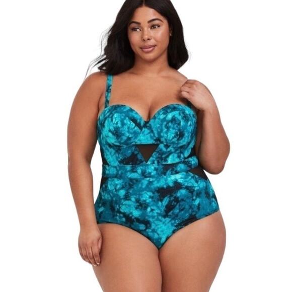 Torrid Vixen Underwire One Piece Swimsuit Size 3 Green Palms Cutout Mesh Push Up - Picture 3 of 12